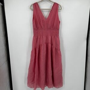 Vince Pink Tencel Lyocell Smocked Waist Tiered V-Neck Midi Dress Large Fit Flare